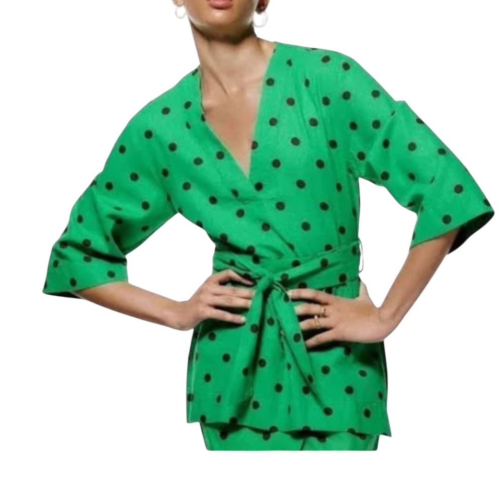 Zara Linen Blend XS Green Brown Polka Dots Faux Wrap Top with Tie Waist